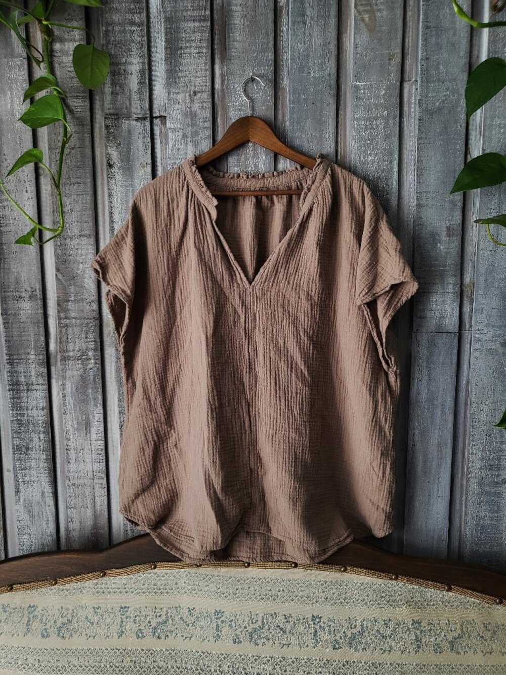 Gauze Cotton Oversized V Neck Short Sleeve Blouse